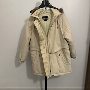 IZ Sport Womens Tan Faux Fur Detachable Hood Vintage Jacket Coat Size Medium